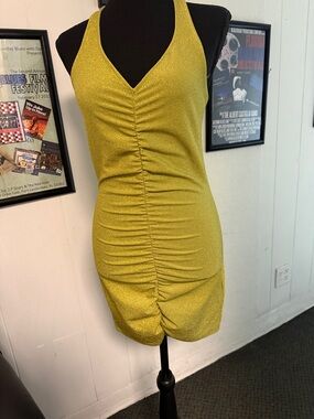 Divided Gold Halter Ruched Mini Dress